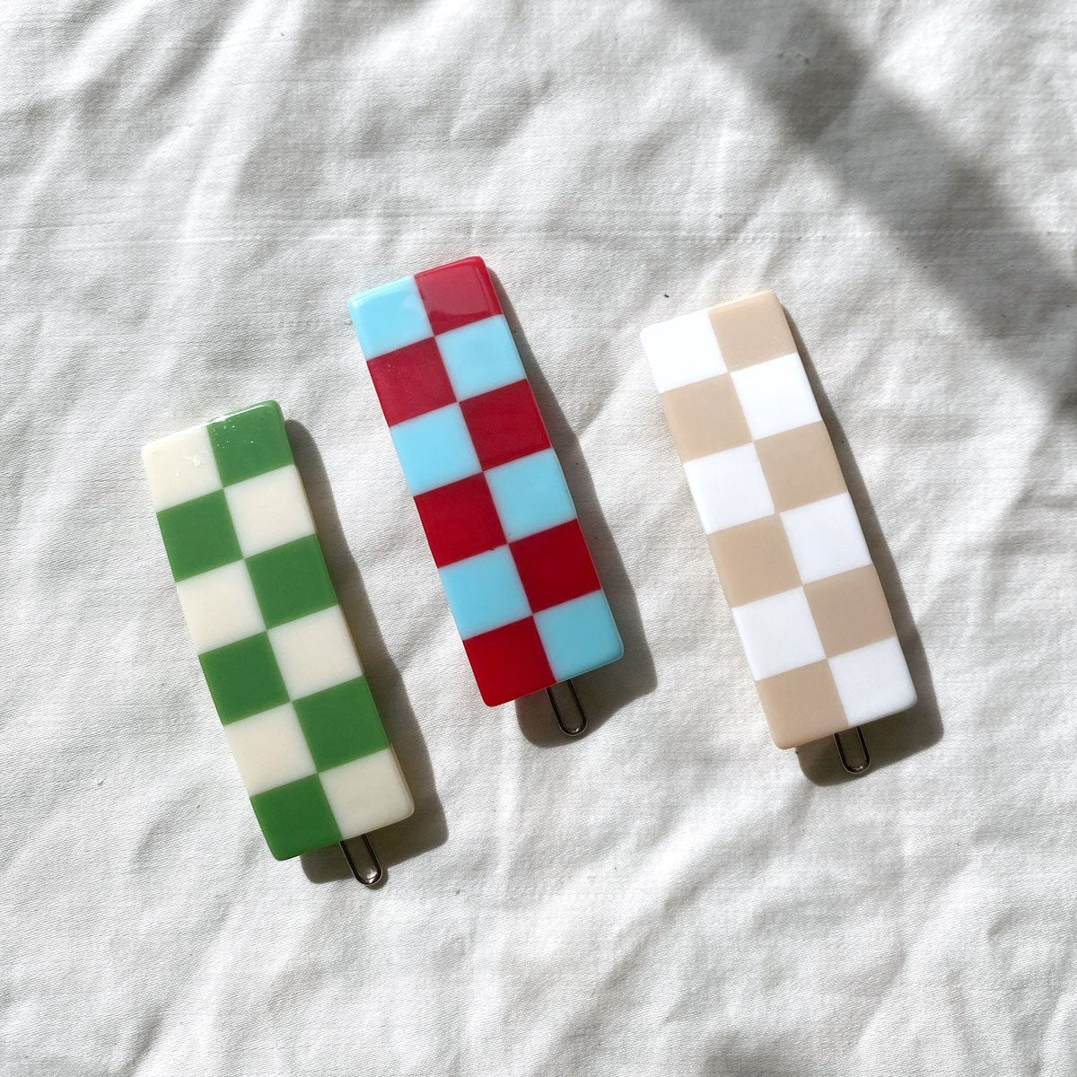 Green Chessboard Hair Slides  by Veronique