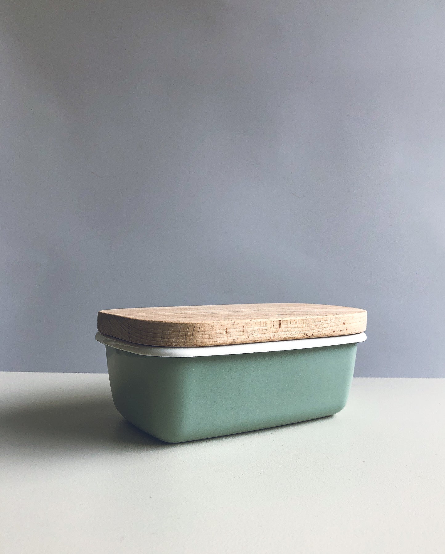 Mint Enamel Butter Dish with Wooden Lid by Garden Trading