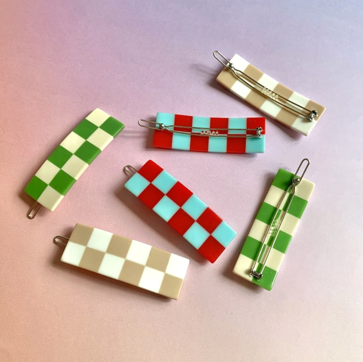 Green Chessboard Hair Slides  by Veronique