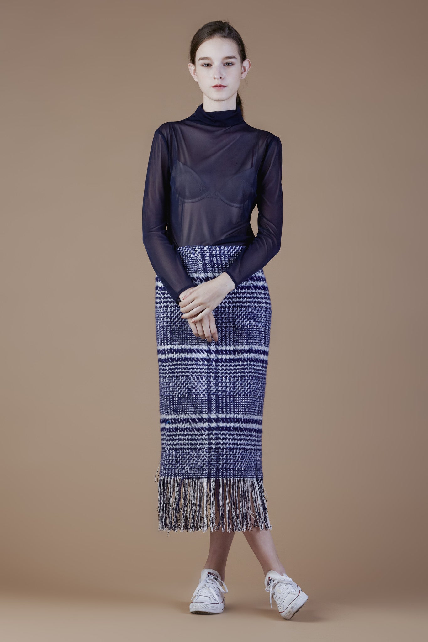 Wool Blend Tweed Pencil Skirt with Fringe #10B