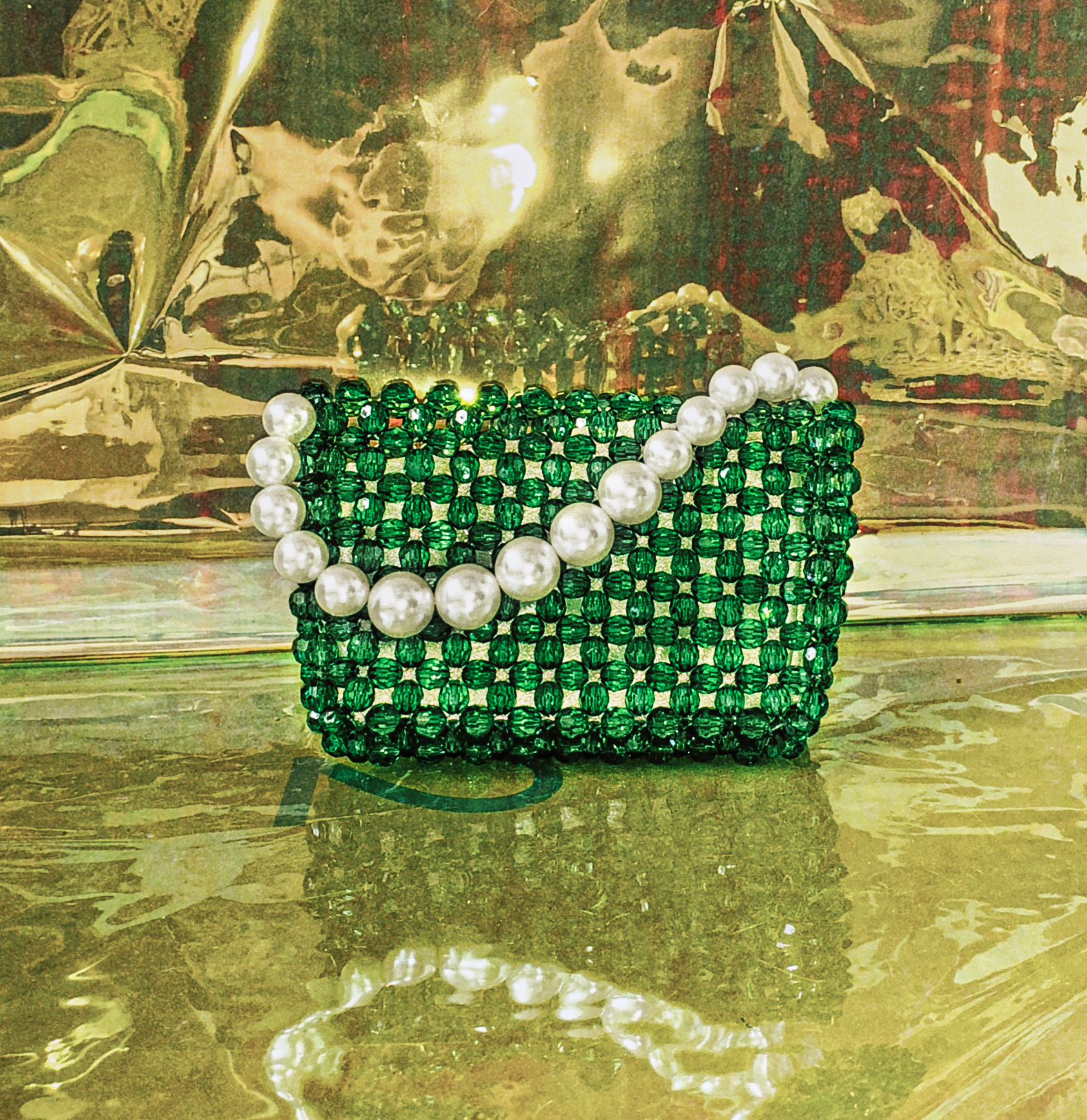 Beaded Pearl Handle Mini Clutch by Veronique