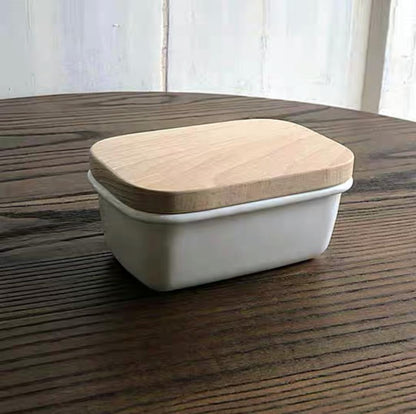 Grey Enamel Butter Dish with Wooden Lid by Garden Trading