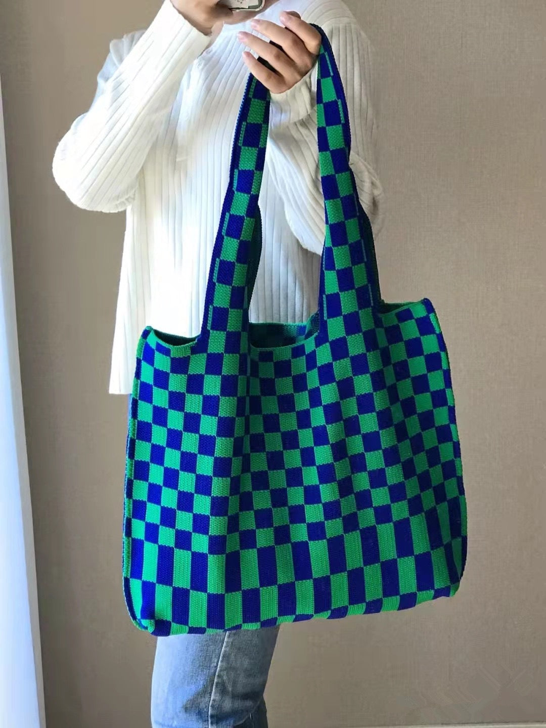 Knitted Checkered Tote Bag – Chic Stories